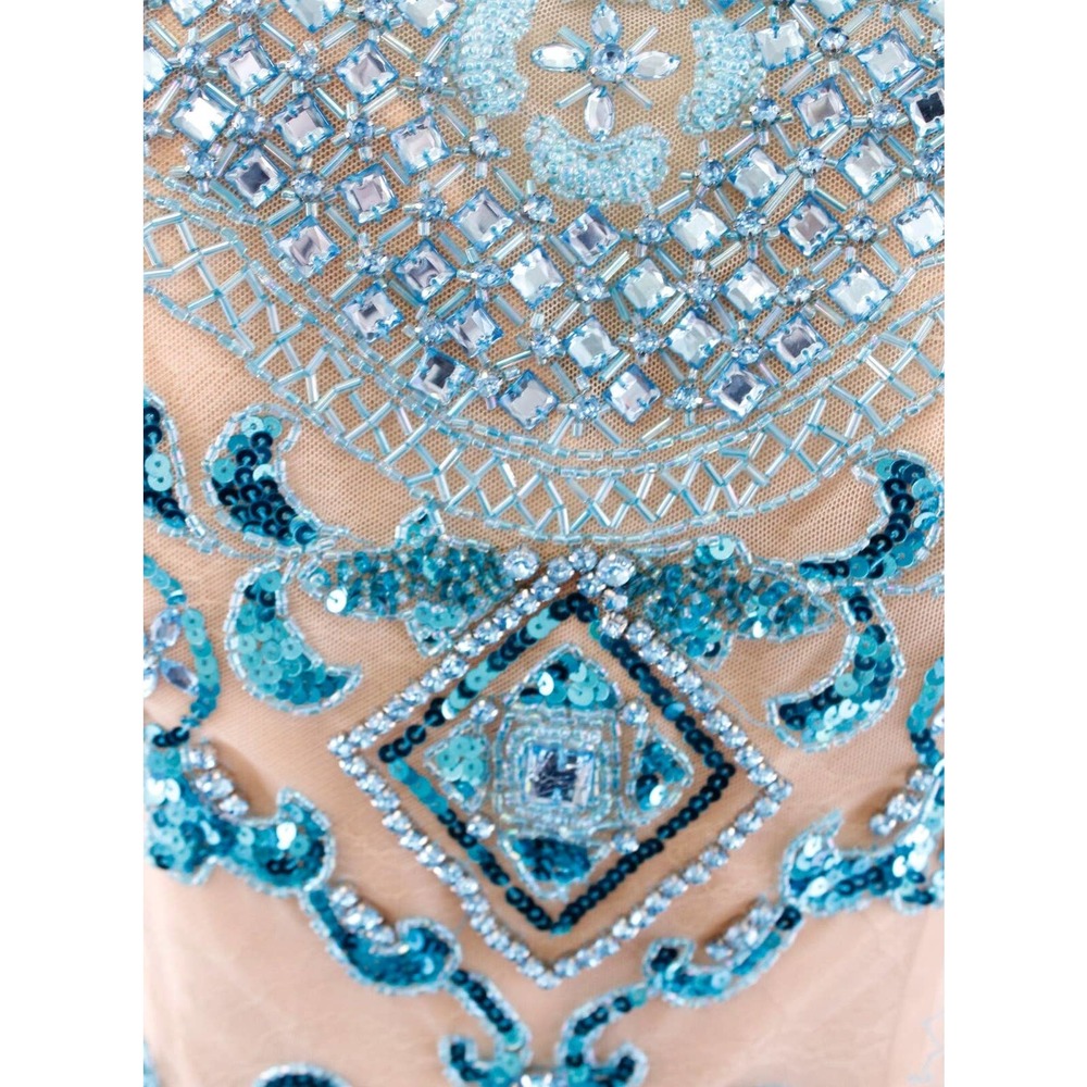 Sherri Hill Turquoise Blue Nude Mesh Beaded Prom Formal Dress Gown Size 12 - Picture 9 of 12